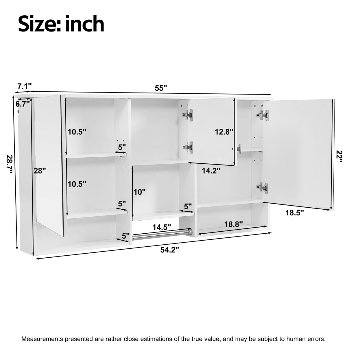 Wall-Mount 3-In-1 Mirror Cabinet With Adjustable Shelf, Soft-Closing Hinges, Rectangular Design - White, photo 2 of 4