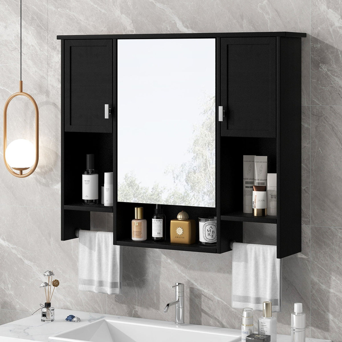 Wall Mounted Bathroom Storage Cabinet With Mirror, Medicine Cabinet With Towel Bar, photo 10 of 12