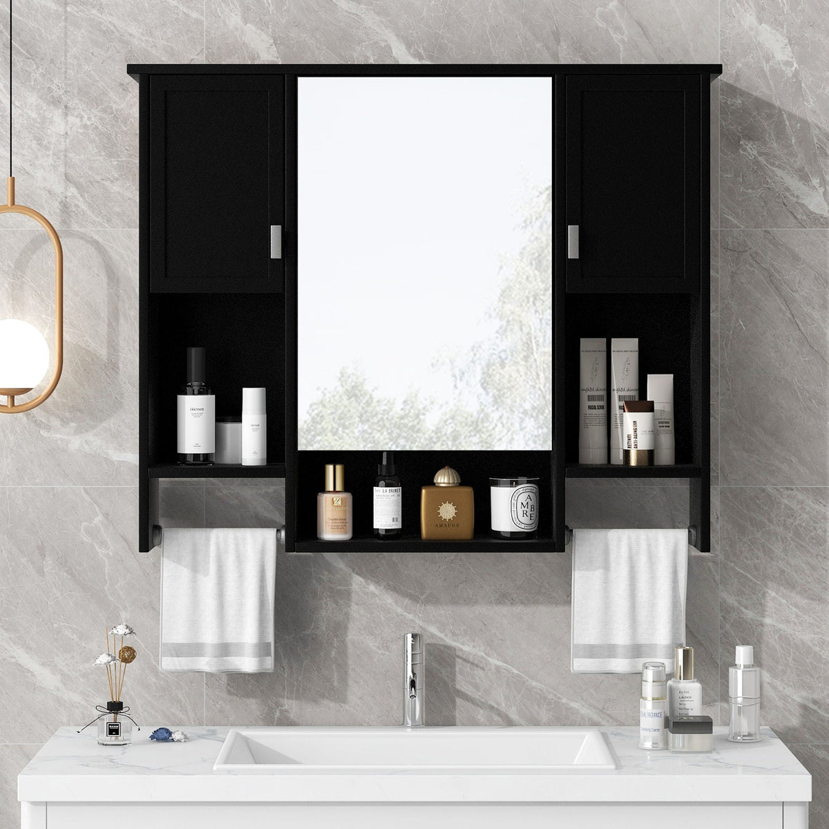 Wall Mounted Bathroom Storage Cabinet With Mirror, Medicine Cabinet With Towel Bar, photo 11 of 12