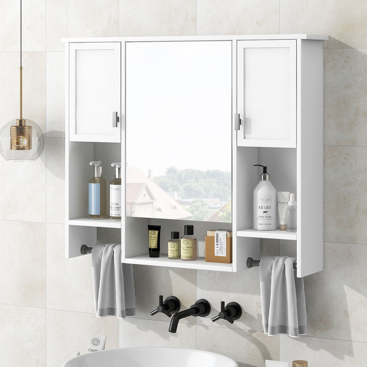 Wall Mounted Bathroom Storage Cabinet With Mirror, Medicine Cabinet With Towel Bar, photo 12 of 12