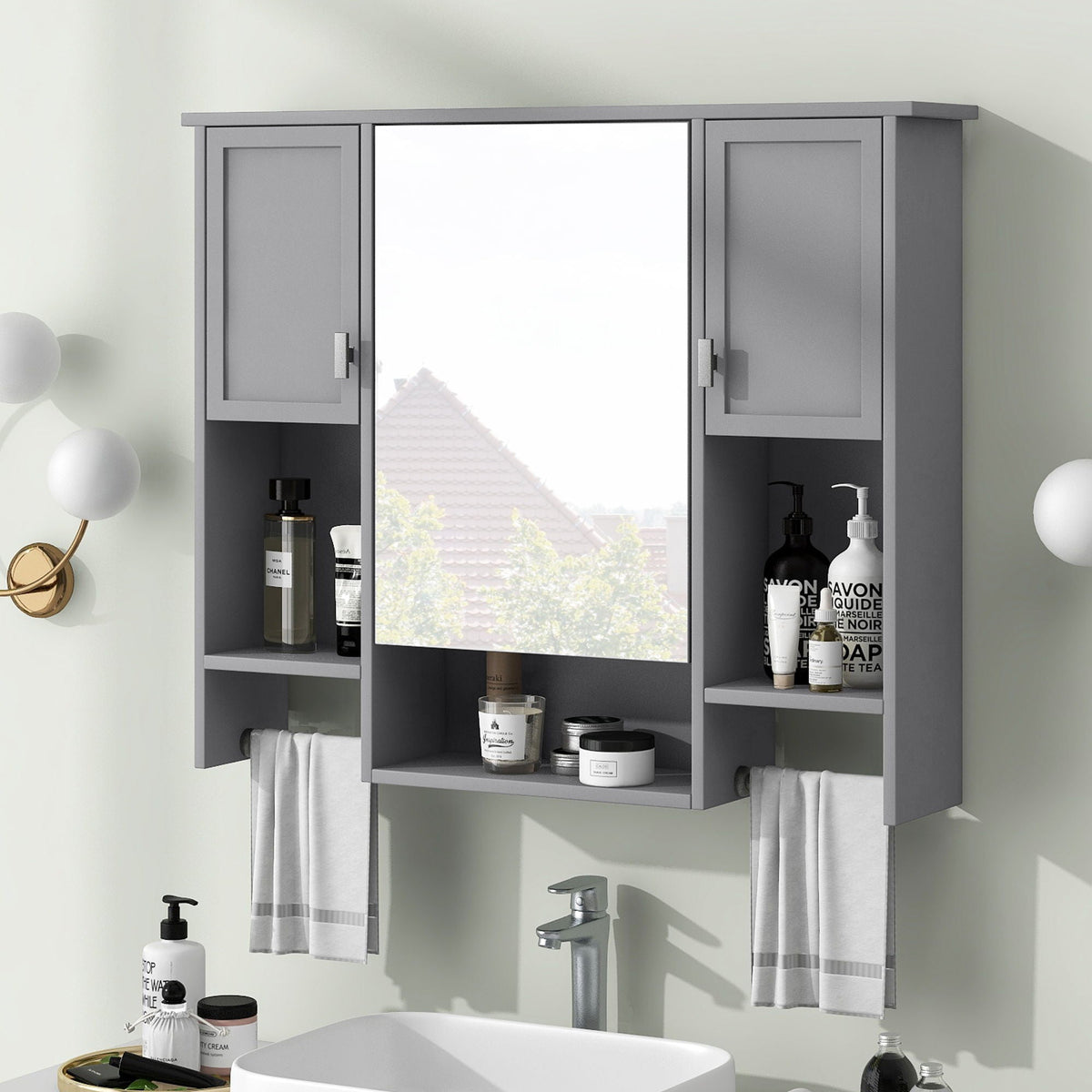 Wall Mounted Bathroom Storage Cabinet With Mirror, Medicine Cabinet With Towel Bar, photo 8 of 12