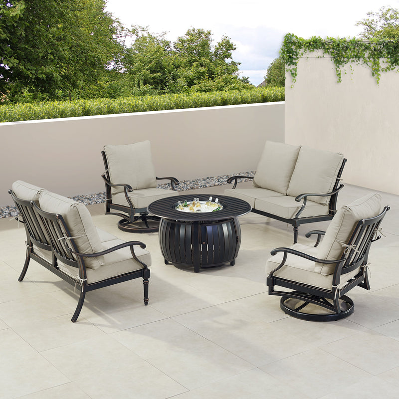 Black Aluminum Fire Table Set with Two Loveseats and Two Club Chairs