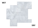 Marble tiles showing difference between wet and dry conditions on a white background. Turkish Carrara White Marble Sand-Blasted Pavers