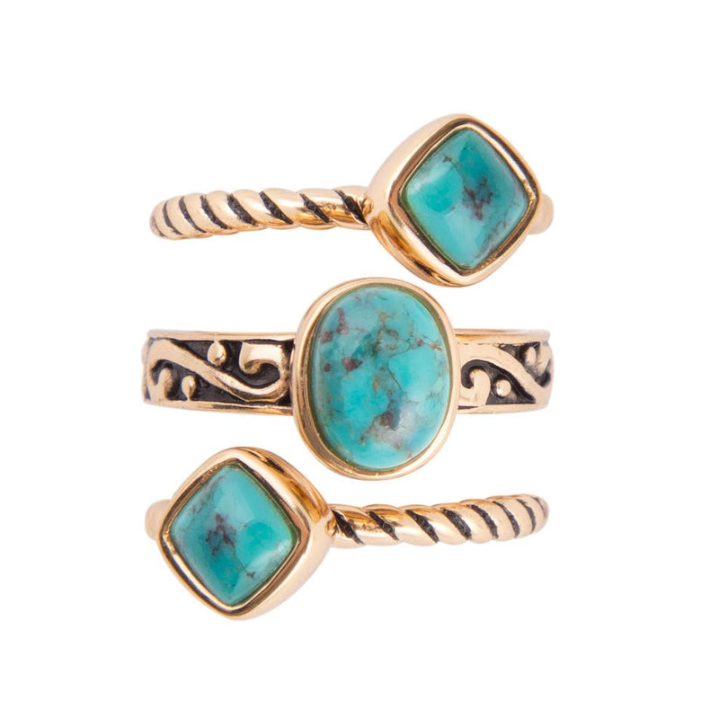 Multi-Shape Blue Turquoise and Golden Trio Ring Set