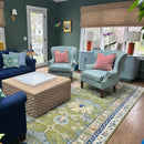 Multi size Moss Green, Blue and Peach Hand Knotted Vibrant colorful Donegal Wool Rug by The Rug Decor