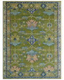 Multi size Moss Green, Blue and Peach Hand Knotted Vibrant colorful Donegal Wool Rug by The Rug Decor