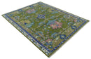 Multi size Moss Green, Blue and Peach Hand Knotted Vibrant colorful Donegal Wool Rug by The Rug Decor