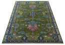 Multi size Moss Green, Blue and Peach Hand Knotted Vibrant colorful Donegal Wool Rug by The Rug Decor