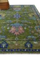 Multi size Moss Green, Blue and Peach Hand Knotted Vibrant colorful Donegal Wool Rug by The Rug Decor
