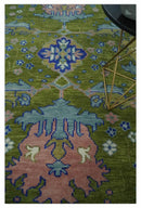 Multi size Moss Green, Blue and Peach Hand Knotted Vibrant colorful Donegal Wool Rug by The Rug Decor