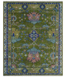 Multi size Moss Green, Blue and Peach Hand Knotted Vibrant colorful Donegal Wool Rug by The Rug Decor