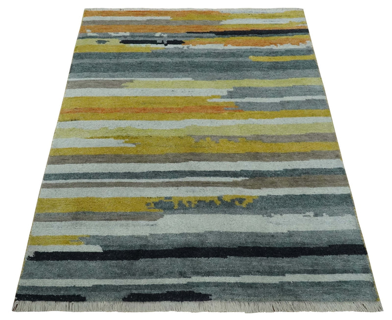 Mustard, Gray, Ivory, and Rust Modern Abstract Hand loom 4x6 wool area Rug