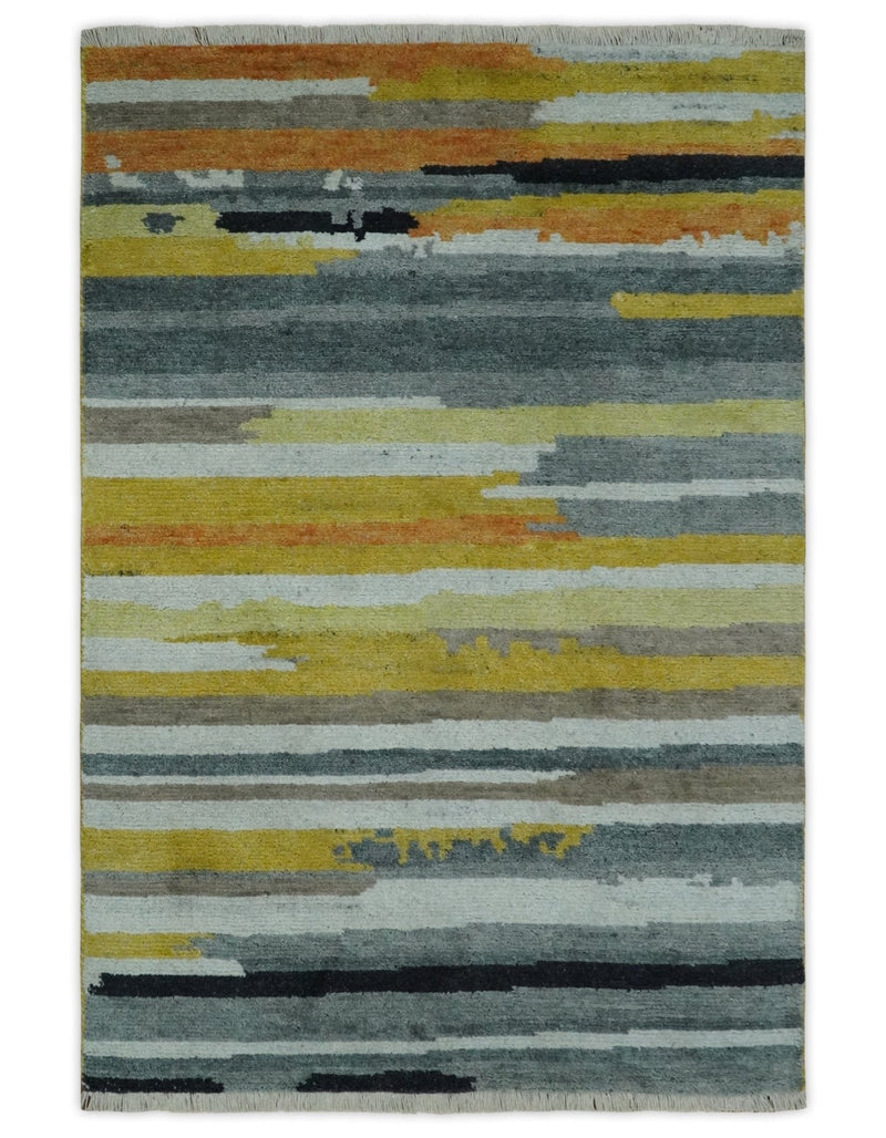 Mustard, Gray, Ivory, and Rust Modern Abstract Hand loom 4x6 wool area Rug