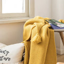 GobekUsa Knit PomPom Tassel Throw Blanket - Soft Yellow Blanket 50"x62"