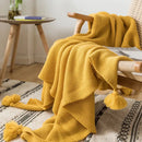 GobekUsa Knit PomPom Tassel Throw Blanket - Soft Yellow Blanket 50"x62"