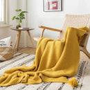 GobekUsa Knit PomPom Tassel Throw Blanket - Soft Yellow Blanket 50"x62"