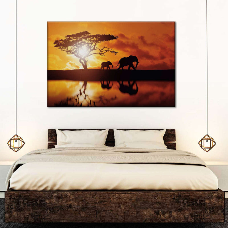 Elephant Silhouettes At Sunset Wall Art