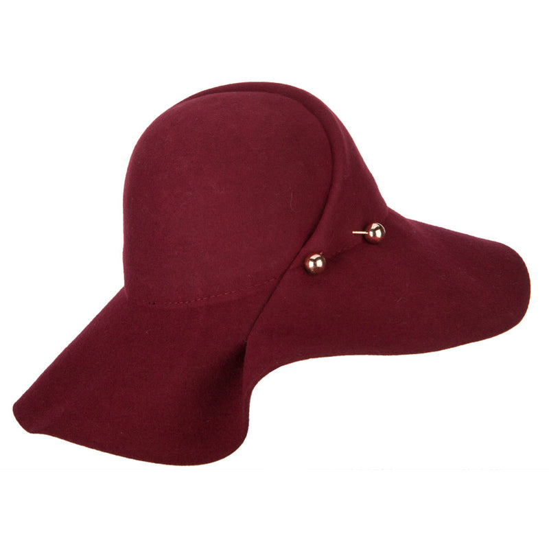 Women's Wool Felt Folded Crown Double Balled Pin Accented Wide Brim Hat