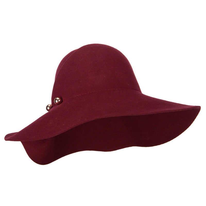 Women's Wool Felt Folded Crown Double Balled Pin Accented Wide Brim Hat