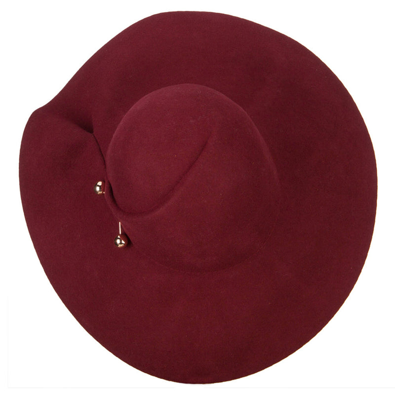 Women's Wool Felt Folded Crown Double Balled Pin Accented Wide Brim Hat