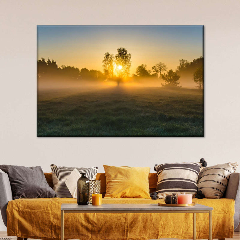 Misty Meadow At Sunrise Wall Art