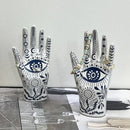 Mystic white & blue ceramic hand jewelry holder stand bedroom decor by Decorbites