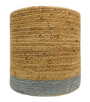 Natural Brown and Blue Jute Round Cylindrical Pouf