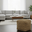 Natural Brown and Charcoal Hand Woven Geometrical Design Jute Pouf