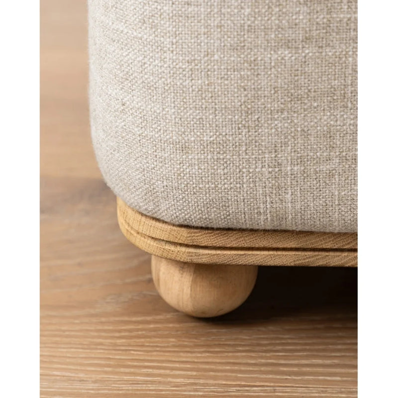 Natural Wooden Round Leg Detailed Linen Pouf - (W)17.7" (L)17.7" (H)19.7"