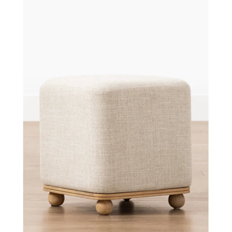 Natural Wooden Round Leg Detailed Linen Pouf - (W)17.7" (L)17.7" (H)19.7"