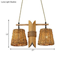 GobekUsa Rattan Conic Restaurant Pendant Lamp with 2 Beige Heads and Bamboo Tube Decoration