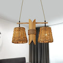 GobekUsa Rattan Conic Restaurant Pendant Lamp with 2 Beige Heads and Bamboo Tube Decoration
