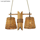 GobekUsa Rattan Conic Restaurant Pendant Lamp with 2 Beige Heads and Bamboo Tube Decoration