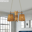 GobekUsa Rattan Conic Restaurant Pendant Lamp with 2 Beige Heads and Bamboo Tube Decoration