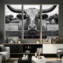 Black White Texas Longhorn Bull Canvas Wall Art, Western Ranch Cattle Photography Print, Rustic Farmhouse Cowboy Decor Artwork by MyGreatCanvas | Canvas Wall Art Prints | Photo Prints & Wall Decor