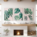 Pink Botanical 3 Piece Wall Art. Green Monstera Leaves Print by Wall Art Set
