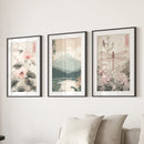 Japandi Style Set of 3 Wall Art. Floral and Mountain Prints by Wall Art Set