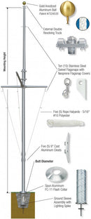 Nautical Aluminum Flagpole w/ Yardarm & Gaff by Flagman of America