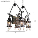 GobekUsa Nautical Wood Board Black Island Lamp - 4-Light Linear Suspension Lighting with Lantern and Hemp Rope