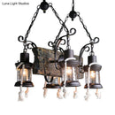 GobekUsa Nautical Wood Board Black Island Lamp - 4-Light Linear Suspension Lighting with Lantern and Hemp Rope