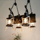 GobekUsa Nautical Wood Board Black Island Lamp - 4-Light Linear Suspension Lighting with Lantern and Hemp Rope