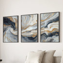 3 Piece Modern Abstract Marble Wall Art: Navy Blue and Gold by Wall Art Set