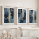 Navy Blue and Gold Triptych. Sparkle Oil Painting Prints by Wall Art Set