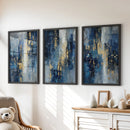 Navy Blue and Gold Triptych. Sparkle Oil Painting Prints by Wall Art Set