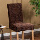 Navy & light gray damask embossed print chair covers dining room by Decorbites