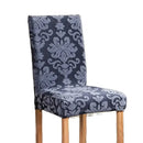 Navy & light gray damask embossed print chair covers dining room by Decorbites