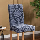 Navy & light gray damask embossed print chair covers dining room by Decorbites