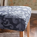 Navy & light gray damask embossed print chair covers dining room by Decorbites