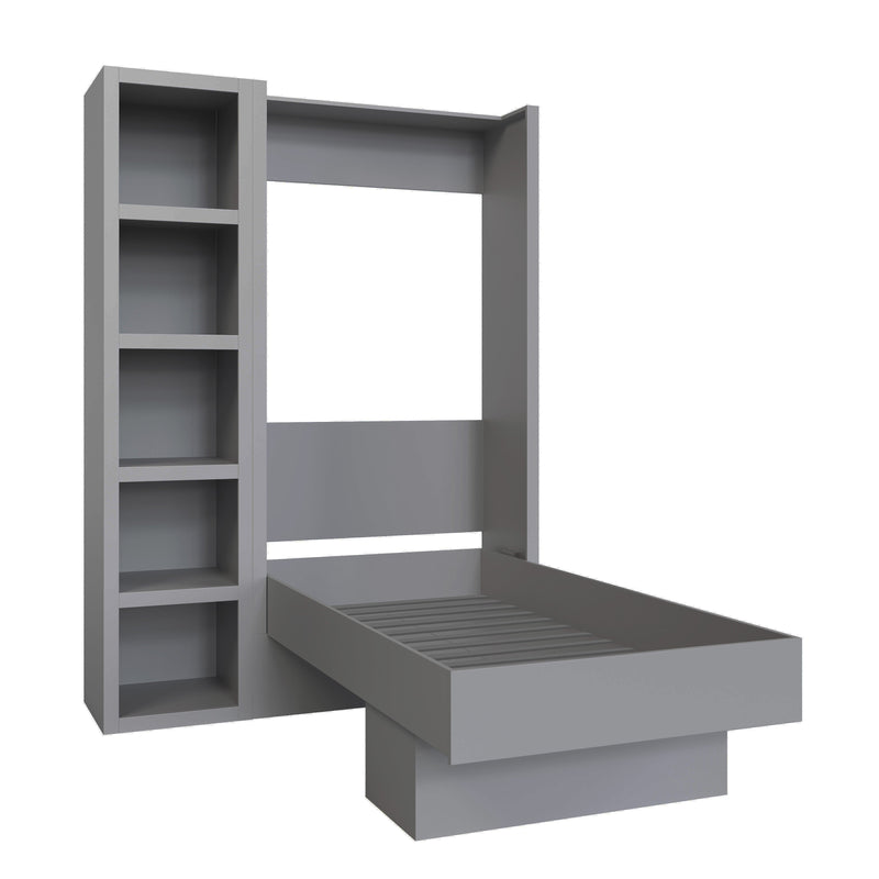 Easy-Lift Twin Murphy Wall Bed in Grey with Bookshelf