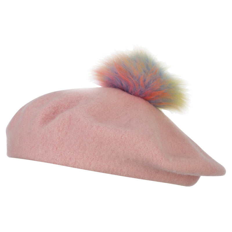 Women's Neon Rainbow Pom Wool Beret